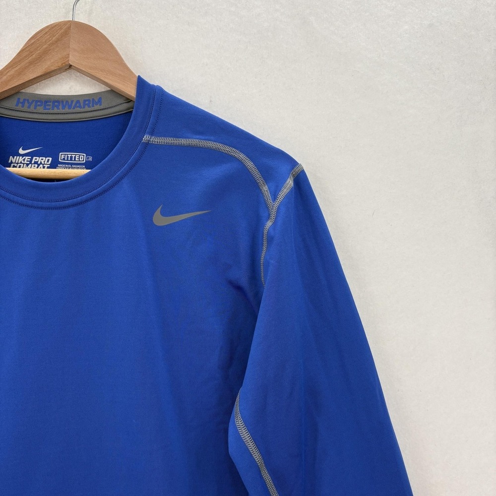 Nike Pro Combat Hyperwarm Shirt Mens Large Blue Dri-FIT Fitted Long Sleeve Gym - Picture 2 of 13
